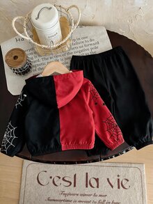 SHEIN 小男孩春夏秋款卡通恐龍圖案黑白對比色連帽薄外套與純色長褲2件套，適合戶外旅行與出遊 - 彩色 - 查看 2