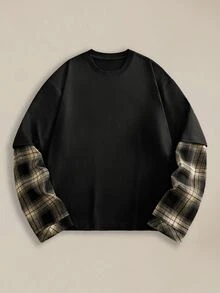 EASEVO Men's Plus Size Plaid 2 In 1 Patchwork Casual Versatile T-Shirt - Black - View 1