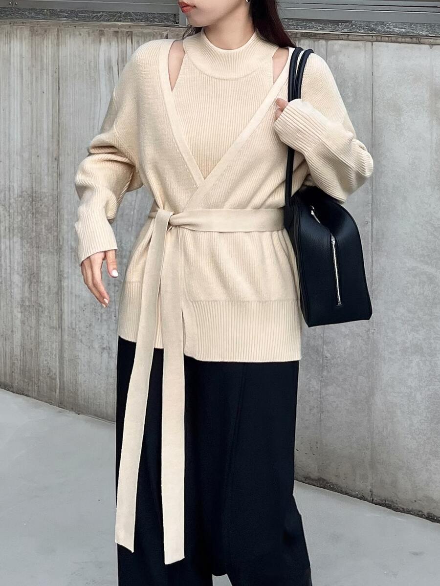 FRIFUL Women's Solid Color Drop Shoulder Long Sleeve Knit Cardigan And Halter Neck Knit Top Casual 2 Pieces Set - Apricot - View 1