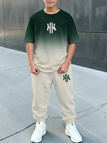 兒童青少年男孩休閒舒適時尚極簡圓領短袖T恤與長褲套裝 - 彩色 - 查看 1
