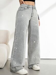 SHEIN Tall 女款水鑽裝飾口袋寬腿寬鬆休閒牛仔褲 - 灰色 - 查看 5
