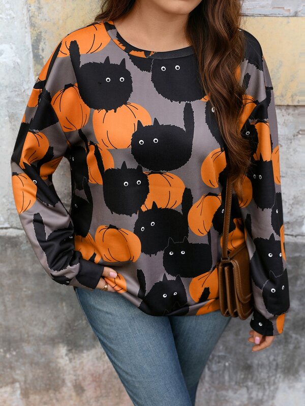 EMERY ROSE Plus Size Women Autumn/Winter Country Casual Vacation Holiday Pumpkin Print Sweatshirt Top Halloween,Going Out Outfits,Fall Clothes,Concert,Holiday