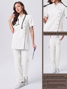 Scrubzie 抗皺立領短袖多鈕扣女款刷手服上衣與長褲兩件套 - 白色 - 查看 1