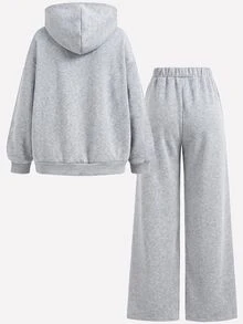 SHEIN Girlism 2件組青少年女孩純灰色冬季休閒度假返校復古寬鬆圖案連帽衛衣與運動長褲保暖運動套裝 - 灰色 - 查看 2