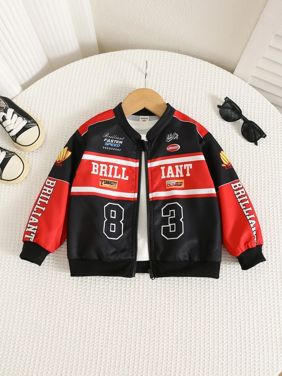 SHEIN Baby Boy Autumn/Winter Casual Long Sleeve Racing Jacket, Red Jacket, Infant Jacket - Multicolor - View 1