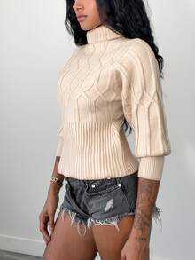 Elenzga Sweater Wanita Model Turtleneck Bergaris untuk Pemakaian Sehari-hari - Khaki - View 4