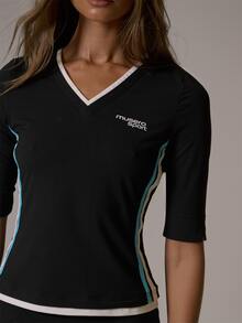 Musera Sport V Neck Logo Front Contrast Side Stripe Fitted Quarter Sleeve Coord Top Fall Autumn Winter Gym Active Pilates Motion - Black - View 3