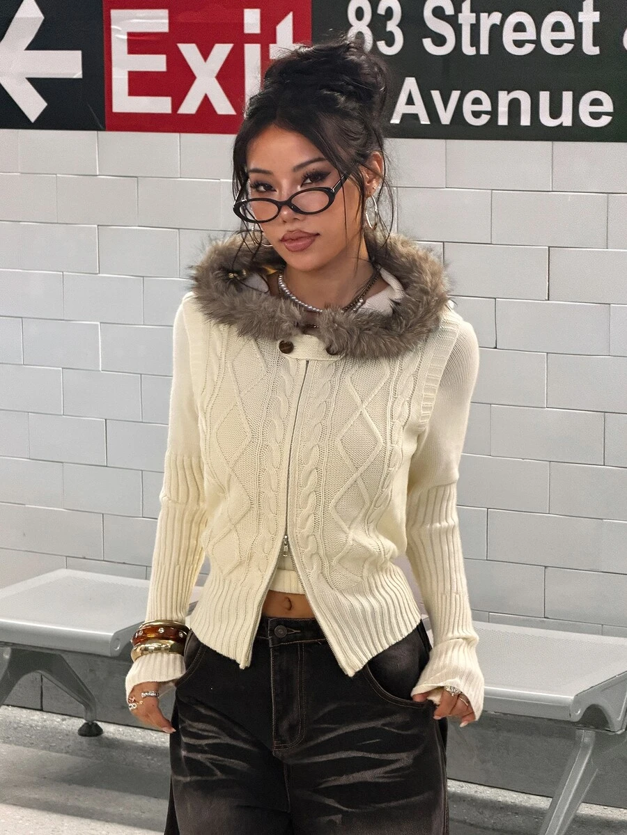 StreetHx Women's Versatile Classic Cable Knit Daily Commute Streetwear Retro Style Autumn/Winter Hooded Fur Collar Sweater Vest - Apricot - View 1