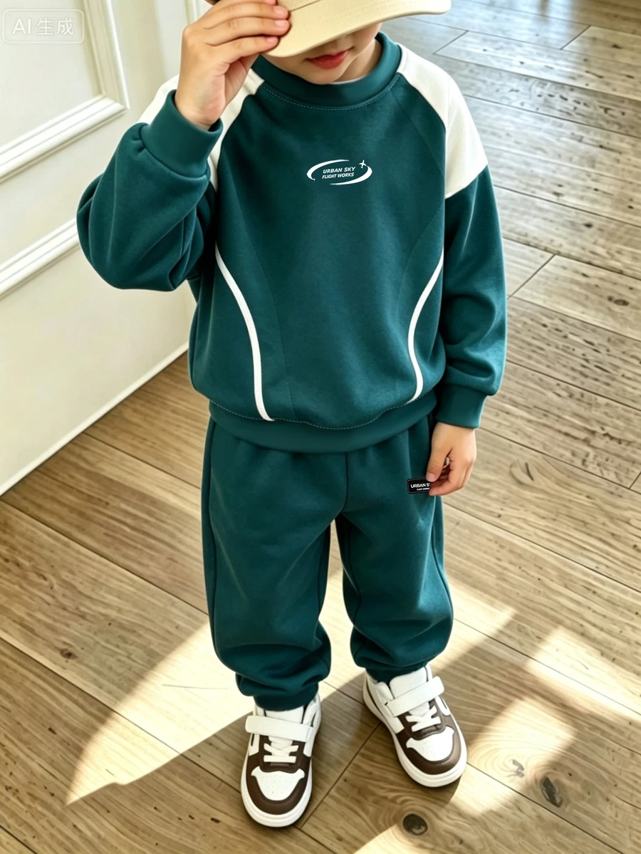 1套幼童男孩運動風拼色運動衫與運動長褲套裝,秋季長袖圓領套頭上衣搭配收口慢跑褲,白色對比線條印花附小標誌與字母圖案,適合休閒校園、戶外旅行、購物與散步,簡約高級對比設計,男孩百搭秋季運動服套裝 - 彩色 - 查看 1