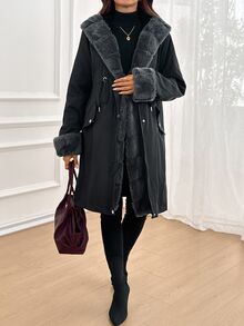 SHEIN Maternity Solid Color Long Sleeve Patchwork Faux Fur Drawstring Waist Hooded Jacket - Multicolor - View 2