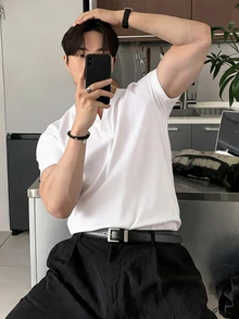 DAZY 男士短袖純色棕色圓領半開扣T恤 - 白色 - 查看 3