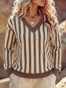 SHEIN New Plus Size Women's Fashion Casual Versatile V-Neck Coffee-Colored Vertical Striped Sweatshirt - Multicolor - View 1