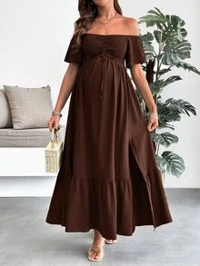 SHEIN 孕婦夏季休閒純色露肩高開衩洋裝 - 咖啡 - 查看 3