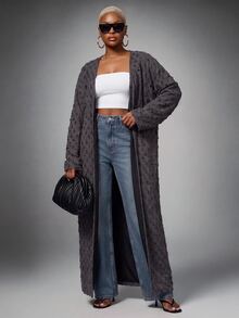SHEIN Lunessa Women's Frayed Textured Long Cardigan, Casual Lazy Vibe Outerwear Robe - Grey - View 5