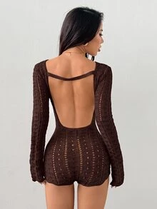 SHEIN PETITE 女款性感純色鏤空露背針織連身褲 秋冬款 - 巧克力棕 - 查看 2