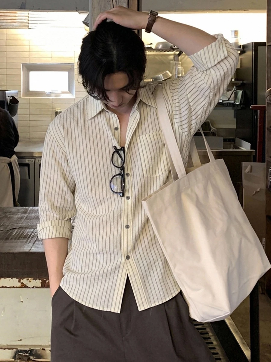 DAZY Casual Commute Long Sleeve Striped Men's Shirt - White - View 1