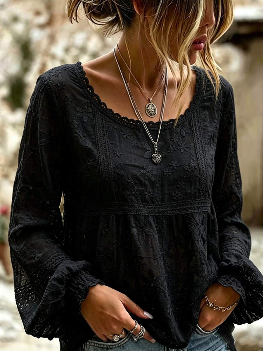 SHEIN Holidaya 女款刺繡圓領燈籠袖休閒百搭襯衫 - 黑色 - 查看 1