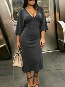 INAWLY Plus Size Women Solid Color Deep V-Neck 3/4 Batwing Sleeve Fitted Elegant Dress - Dark Grey - View 2
