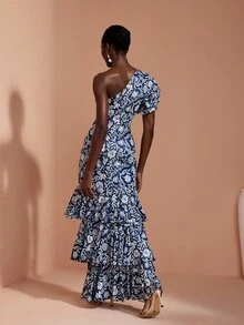 JIAN LASALA Gaun Panjang Elegan Berlapis Ganda dengan Motif Bunga Rajut, Satu Bahu, Lengan Pendek, dan Model Dua Lapis - Biru - View 2