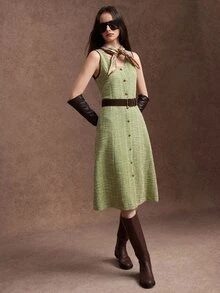 Zovinel Lyocell Wool Fabric Women's Round Neck Button Design Elegant Sleeveless Midi Dress,Back To School, Casual Work,Elegant Fall Summer/Autumn/Winter - Green - View 10