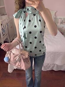 CovetEZ Women's Sweet French Polka Dot Print Halter Neck Tie Top - Mint Blue - View 1