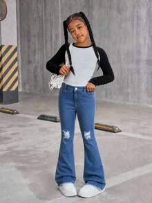 TWEEN GIRLS Tween GirlsDenim Jeans, Vintage Washed Color, Street Style Fashion, Distressed Ripped Hem, Flared Leg, Versatile Fashion New Style - Dark Wash - View 3