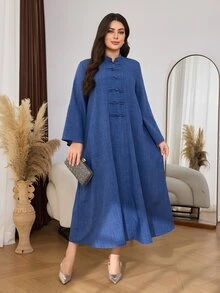 Al Najma Women's Long Sleeve Frog Button Decor New Fashion Elegant Versatile Plus Size Arabian Dress - Blue - View 7