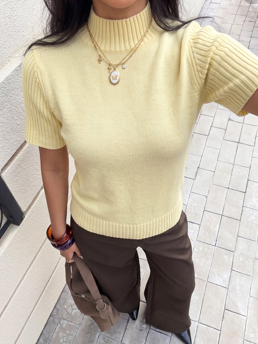 Siren Gaze Women's Solid Color High Neck Short Sleeve Wool Knit Top, All Season - Light Yellow - View 1