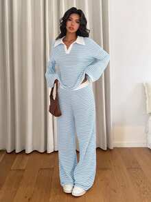 Siren Gaze Women's Autumn Casual Striped Top And Pants 2 Pieces Set - Baby Blue - View 1