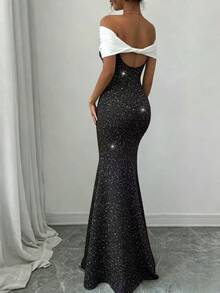 SHEIN Raffinéa Cold Shoulder Mature Charm Shiny Silver Contrast Color Mermaid Hem Off-Shoulder Dress - Black and White - View 5
