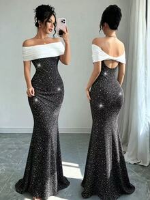 SHEIN Raffinéa Cold Shoulder Mature Charm Shiny Silver Contrast Color Mermaid Hem Off-Shoulder Dress - Black and White - View 2