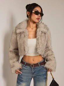 SHEIN PETITE Plush Gradient Women's Fake Fur Jacket, Cropped Style, Warm And Suitable For Autumn And Winter - Apricot - View 1