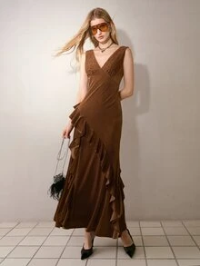 MOTF PREMIUM WOMEN'S LACE PATCHWORK RUFFLE SLIM FIT LONG DRESS, AUTUMN/WINTER - Coffee - View 4