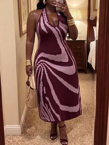 Slaydiva Plus Size Women's Zebra Print Halter Neck Knit Dress - Purple - View 1