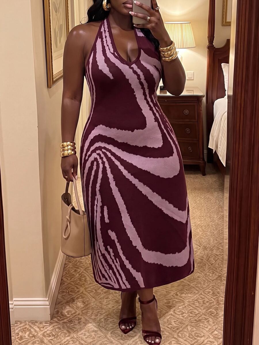 Slaydiva Plus Size Women's Zebra Print Halter Neck Knit Dress - Purple - View 1