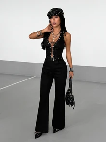 StreetHx Fashion Casual Sexy Street Style V-Neck Tie Halter Denim Jumpsuit With Flare Legs - Black - View 6