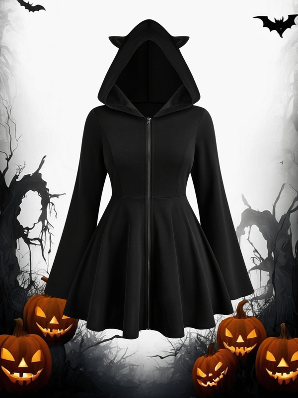 Sweetra Plus Size Halloween Coat Dress Dark Style Cat Ear Hooded Zip-Up Waist-Cinching Slimming Flare Sleeve Cape Jacket For Women, Autumn/Winter