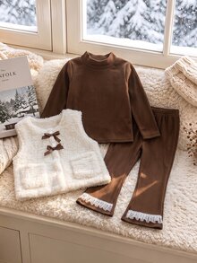 Elladie kids 3件組女孩秋冬新款羅紋高領長袖打底上衣、喇叭長褲、長毛絨蝴蝶結裝飾背心，優雅高貴休閒百搭時尚三件套，適合生日派對 - 棕色 - 查看 4