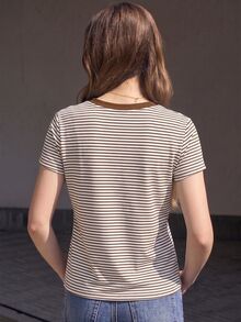 Women's Korean Style Bow Pattern Print Striped Short Sleeve T-Shirt - Coffee Brown - View 2