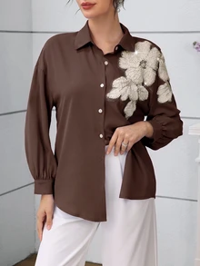 Modelyn 女款花卉圖案休閒日常穿著襯衫 - 巧克力棕 - 查看 3