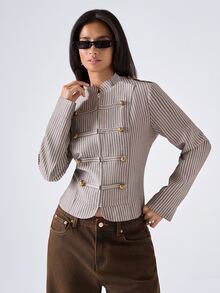 LYSMO Plus Size Women's Autumn/Winter Napoleon Military Style Striped Long Sleeve Zipper Jacket Fall - Multicolor - View 5