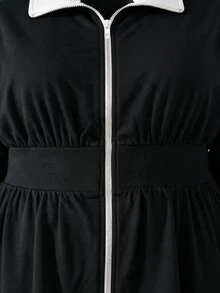 Lacomfia Women's Baggy Retro Stand Collar Colorblock Loose Jacket Versatile Wide Leg Pants Plus Size 2 Pieces Set For Vacation Black And White Black Autumn - Black - View 4