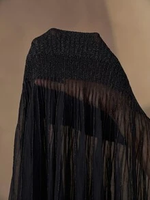 Anewsta Summer Thin Slightly Sheer Mesh Knit Skirt, High Waist Vertical Stripe Patchwork Fishtail Hem Slim Fit Long Skirt - Black - View 8
