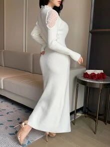 DAZY Autumn/Winter Lace V-Neck Design Fitted White Elegant Date Wedding Women Sweater Dress - Beige - View 2