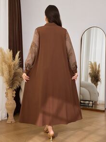 Al Najma Women's Elegant Dark Pattern Jacquard Contrast Solid Color Loose Casual Comfortable Daily Long Sleeve Arabian Dress - Coffee Brown - View 3