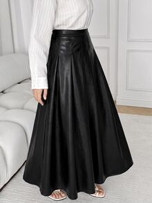 Solavon Fashionable Ladies Black Faux Leather Pleated Skirt Flattering High Waisted A Line Silhouette Perfect For Everyday Wear - Black - View 5