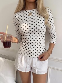 CovetEZ 休閒極簡大尺碼性感露肩復古波點 3/4 袖短袖 T-shirt，適合春夏穿搭，奶油黃條紋顯白，夏季上衣，適用日常通勤、夏天、聖誕節、新年、感恩節、派對、婚禮、海灘、畢業典禮，時尚款 - 彩色 - 查看 6
