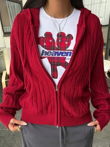 DAZY Women's Solid Color Fitted Zip-Up Long Sleeve Hooded Cable Knit Casual Vacation Spring Autumn Cardigan - Red - View 3