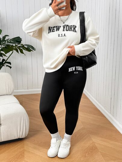 SHEIN EZwear Plus Size Minimalist Letter Print Long Sleeve Top And Leggings 2 Pieces Set