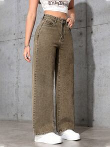SHEIN ICON Casual Washed Straight Leg Denim Jeans - Brown - View 6